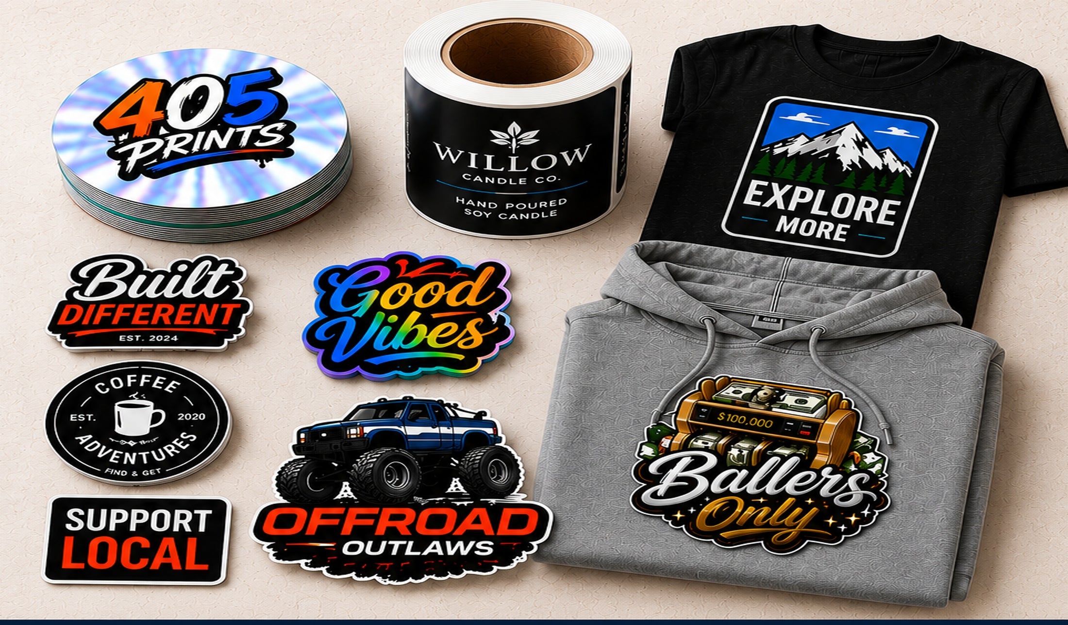 Custom printed stickers, labels, shirt, and hoodie samples